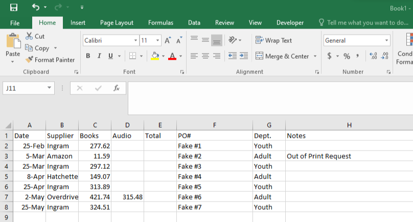 Screen capture of an excel sheet with the columns Date, Supplier, Books, Audio, Total, PO#, Dept., and Notes with example data in each column.